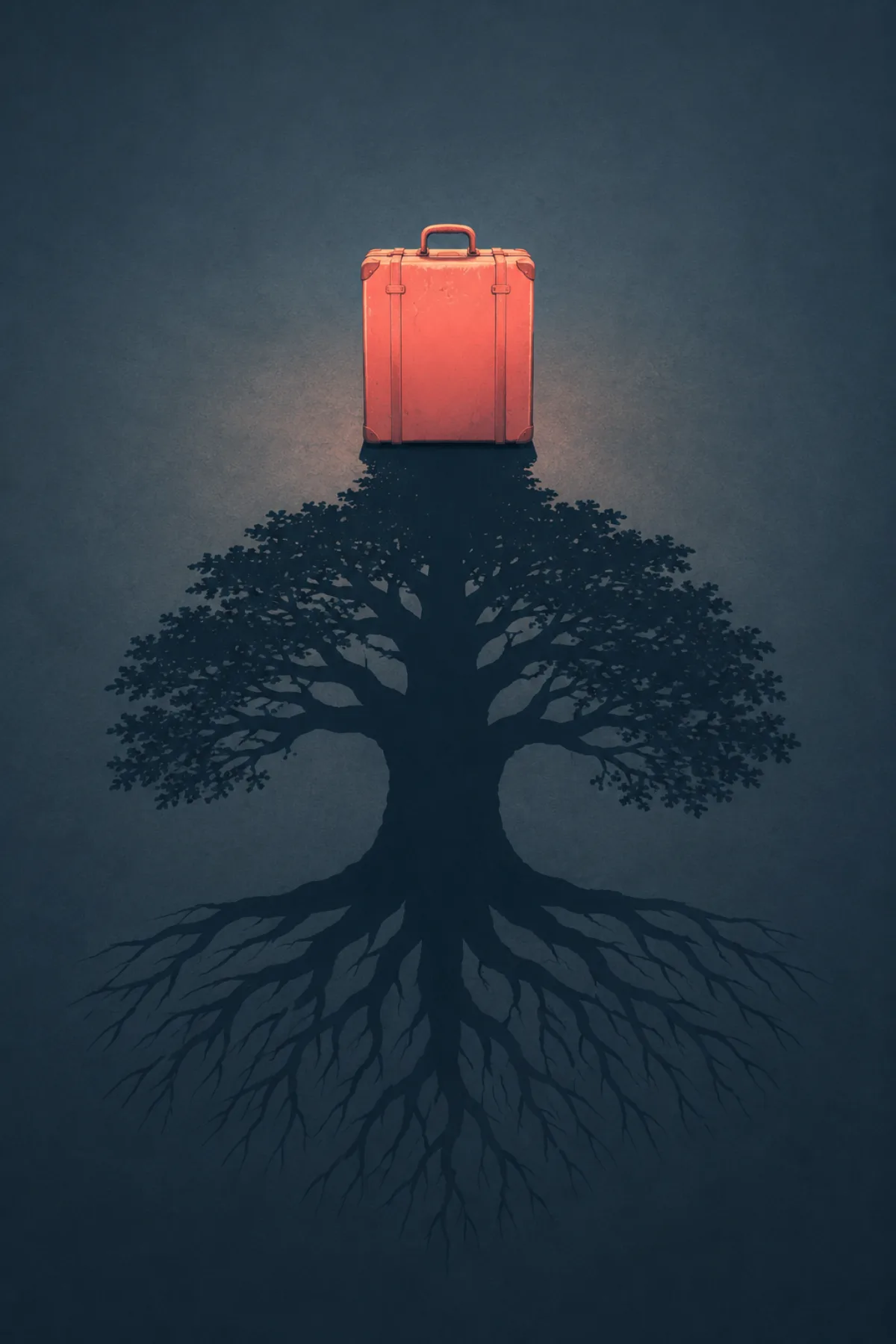 Una maleta coral preparada para partir proyecta una enorme sombra con forma de árbol adulto y profundas raíces.