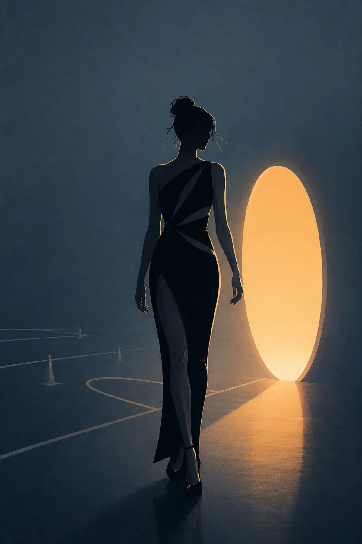 Una silueta femenina elegante camina con seguridad hacia un portal ovalado de luz cálida mientras deja atrás una pista con líneas y conos de entrenamiento.