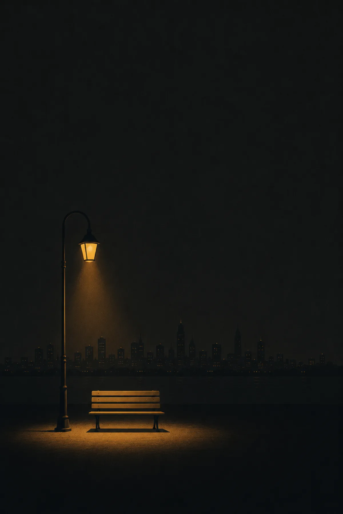 Una farola solitaria ilumina un banco vacío con luz cálida en la penumbra.