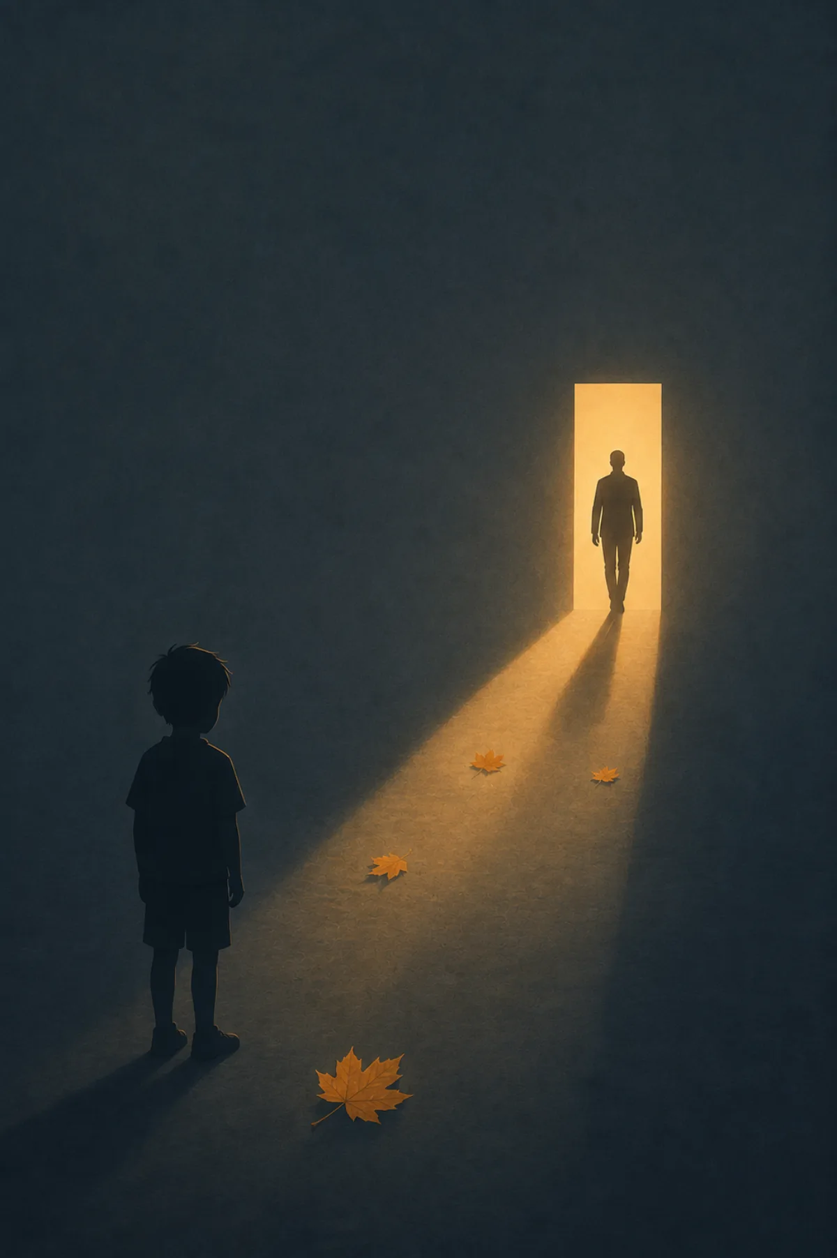 Un niño permanece en penumbra mirando a una figura adulta que se aleja por una puerta iluminada, mientras cuatro hojas de otoño descansan sobre el camino de luz.