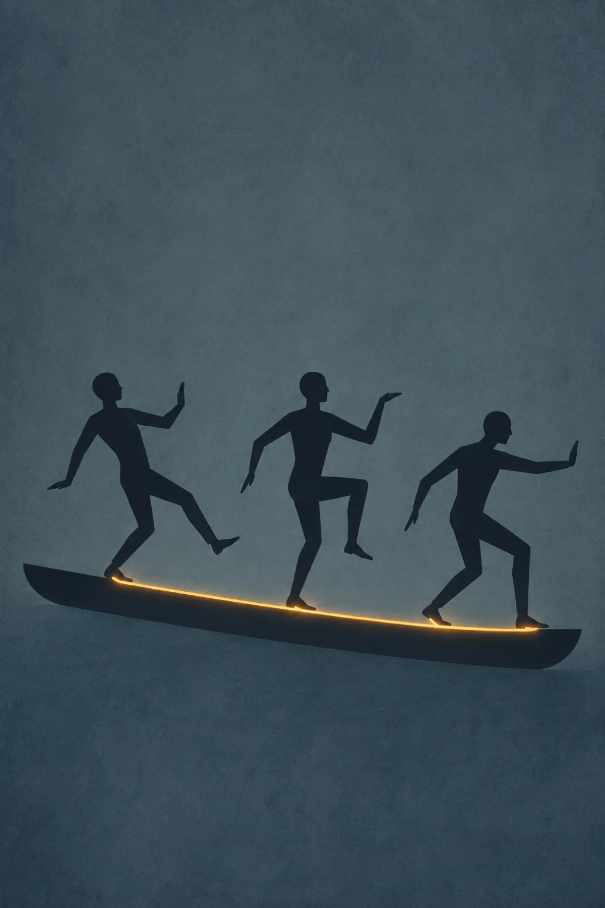 Tres figuras humanas anónimas mantienen el equilibrio sobre una plataforma inclinada mientras sus posturas recuerdan a un friso egipcio en movimiento.