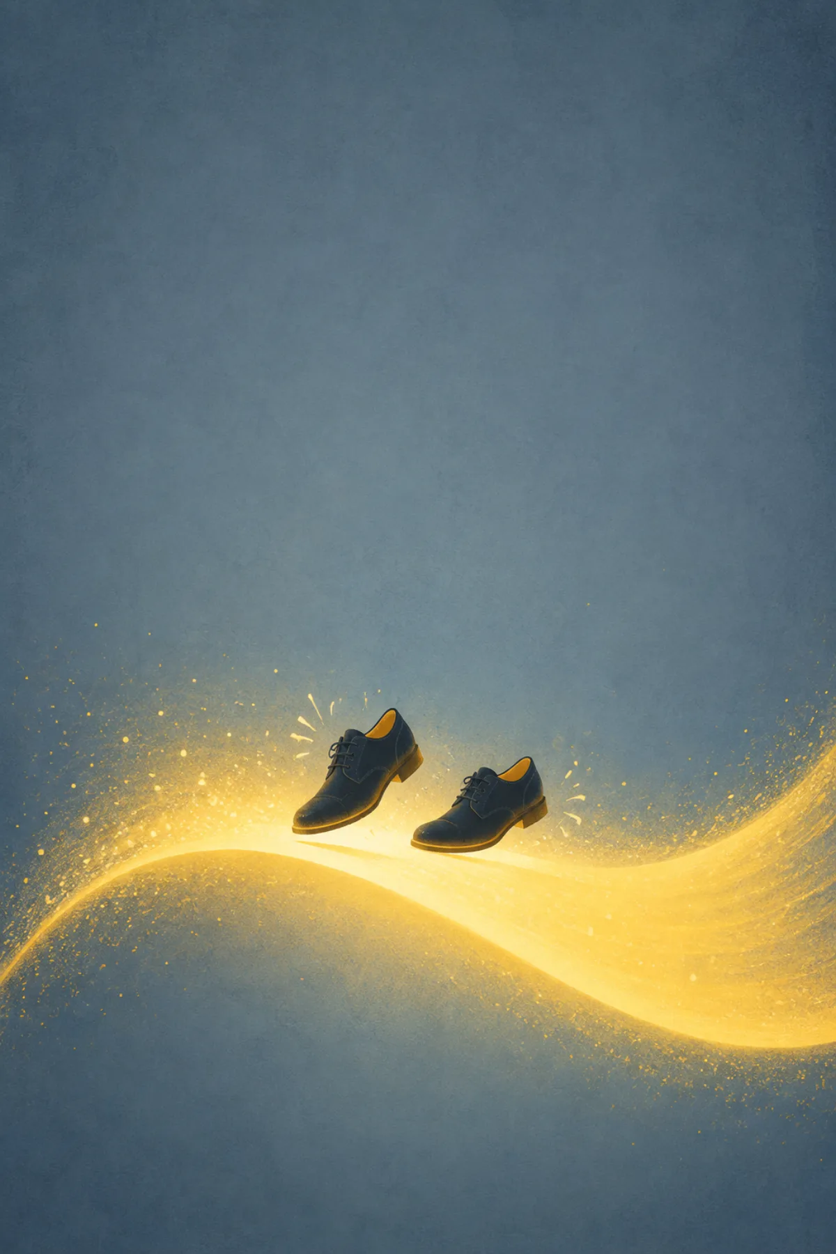 Unos zapatos oscuros parecen caminar y saltar sobre una ola luminosa de color dorado sobre un fondo azul grisáceo.