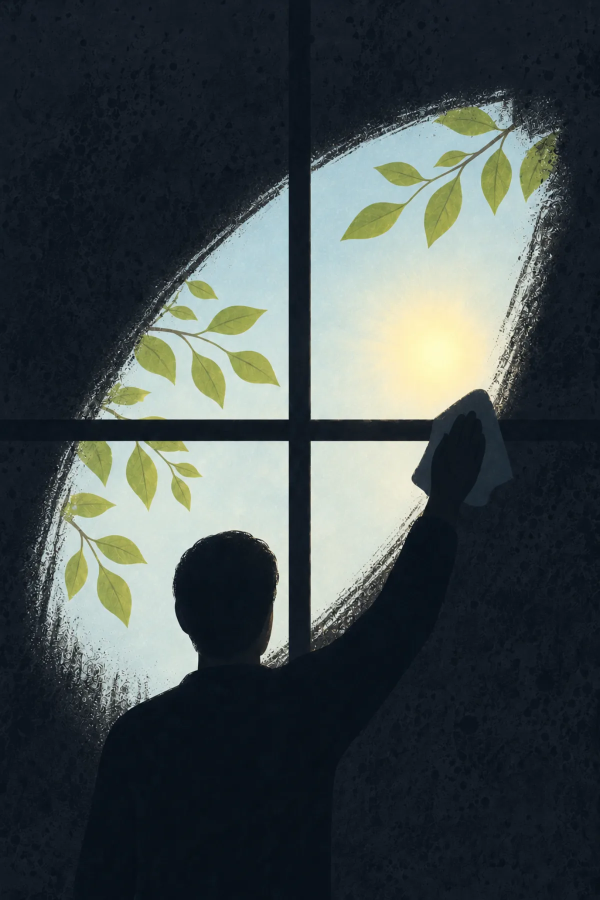 Una silueta limpia con un trapo una amplia zona de una ventana cubierta de suciedad y descubre tras ella hojas verdes, cielo azul y una luz dorada.