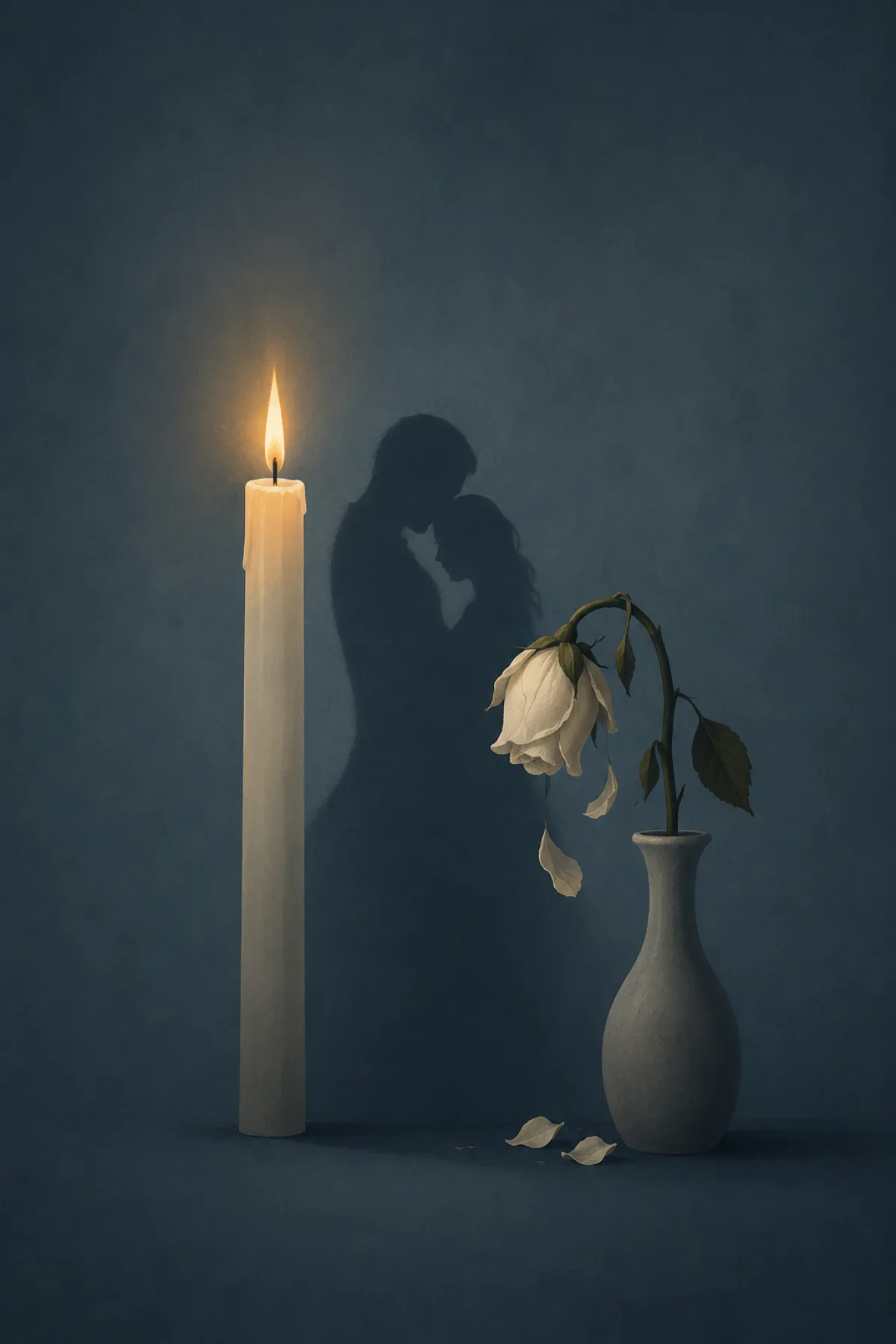 Una vela encendida y una rosa blanca marchita en un jarrón proyectan una sombra que parece una pareja abrazándose.