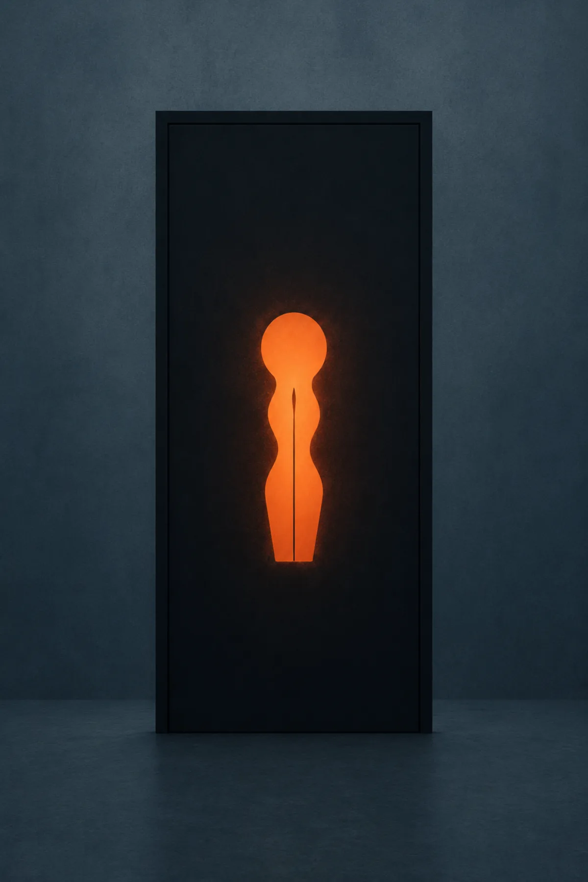 Una puerta negra cerrada contiene una gran cerradura incandescente cuyas curvas enfrentadas sugieren dos cuerpos muy próximos.