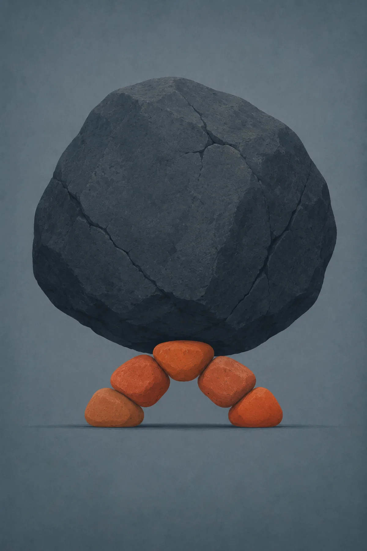 Cinco pequeñas piedras cálidas forman un arco capaz de sostener una enorme roca oscura y agrietada.