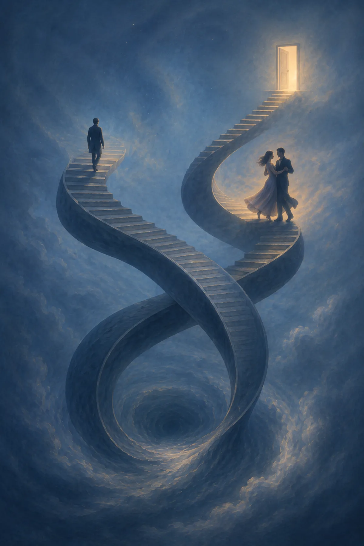Una escalera imposible se divide en dos caminos: en uno un hombre sube solo y en el otro una pareja baila bajo una luz cálida, mientras una puerta brilla en lo alto.