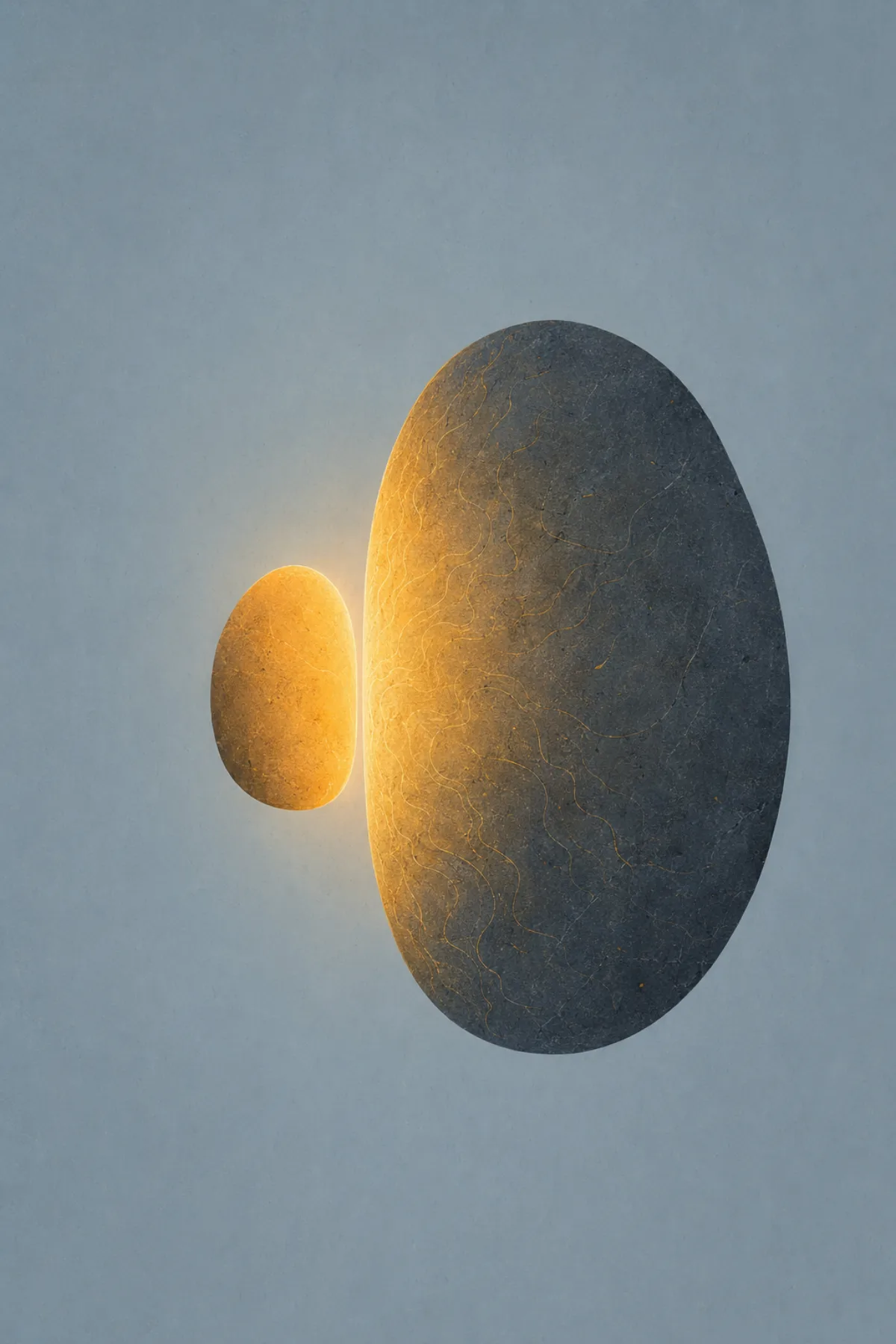 Una pequeña piedra amarilla ilumina una gran piedra azul oscura sin llegar a tocarla.