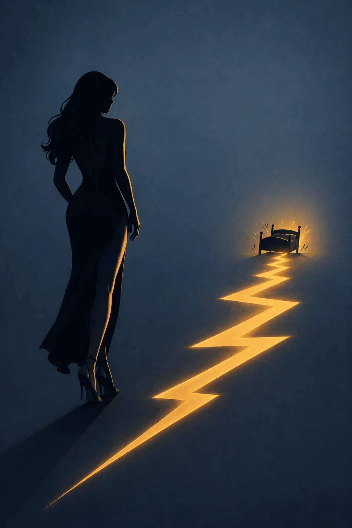 Una silueta femenina elegante aparece en primer plano mientras un relámpago dorado cruza el suelo hasta una cama iluminada al fondo.